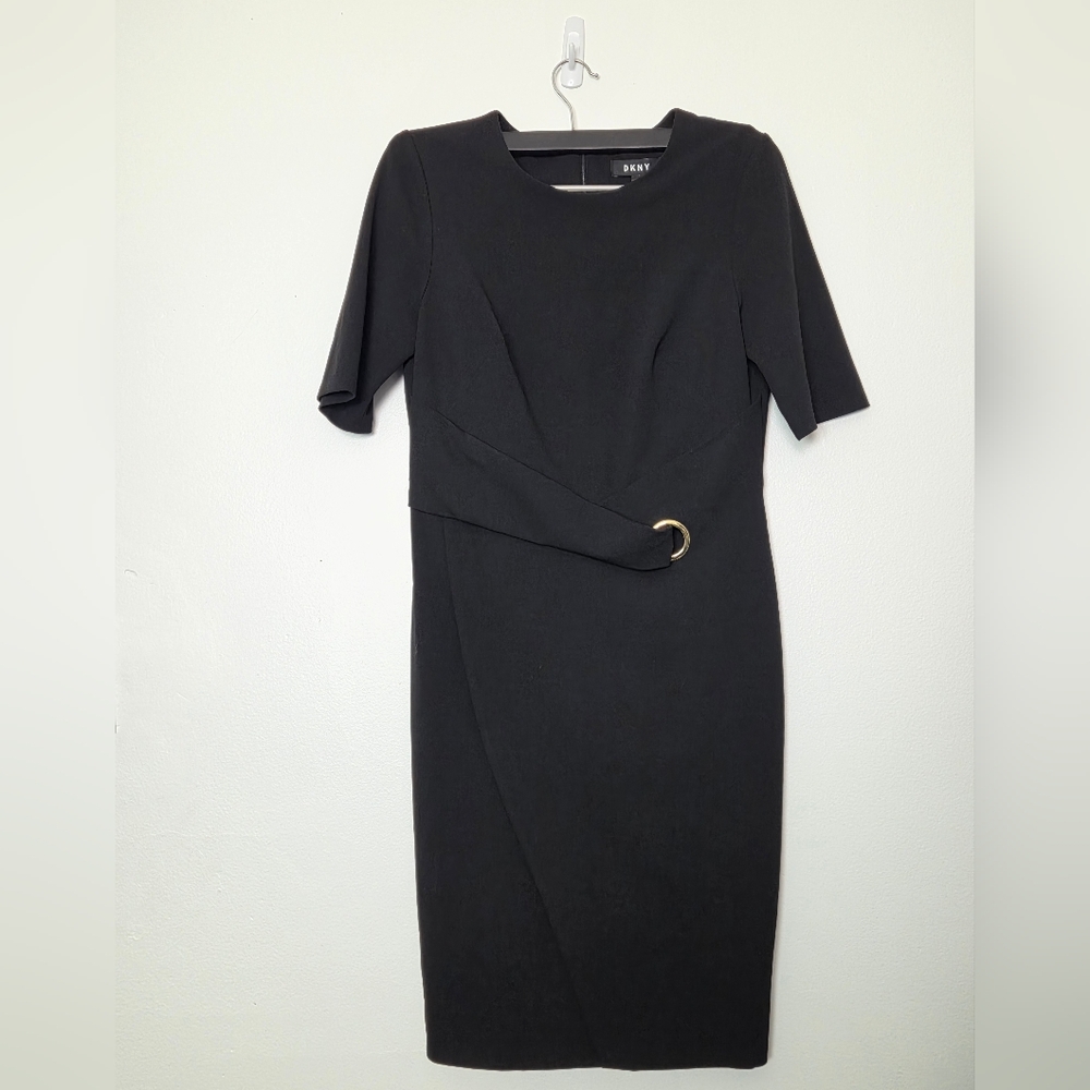 DKNY Asymmetrical Sheath Dress 8 Black Career Party Classic Half Sleeve